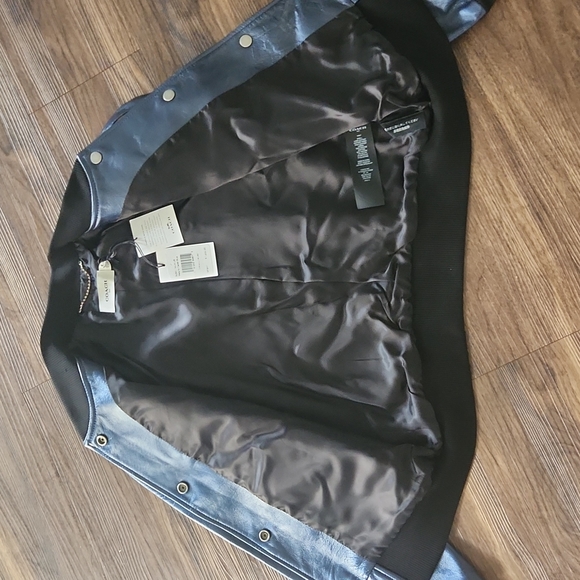 NWT Coach Shrunken Leather Varsity Jacket In Metallic Cadet Blue - Picture 14 of 17